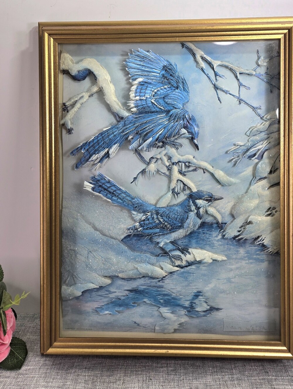 Vintage Basil Ede Repro? Blue Jays In Winter 3D‎ Relief Paper Wall Art